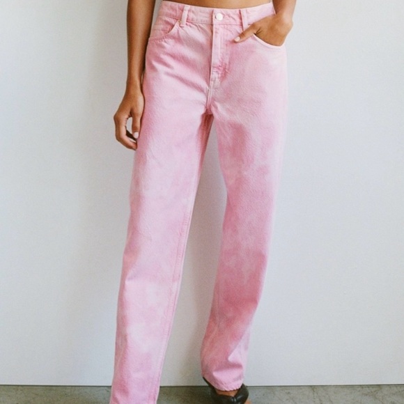 Zara Wide Leg Full Length Pink Tie Dye Jeans, sz 8 - Picture 1 of 9